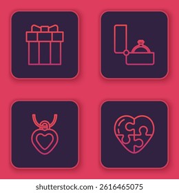 Set line Gift box, Necklace with heart shaped, Diamond engagement ring and Heart. Blue square button. Vector