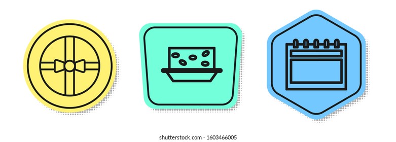Set line Gift box, Nougat with nuts and Calendar. Colored shapes. Vector