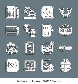 Set line Gift box, Old key, Slot machine with jackpot, cherry, Casino chips exchange, Credit card, Bingo and  icon. Vector