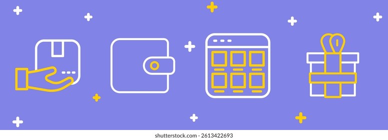 Set line Gift box, Online shopping on screen, Wallet and Delivery hand with icon. Vector