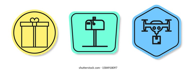 Set line Gift box , Open mail box  and Delivery drone with the package . Colored shapes. Vector