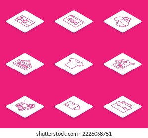 Set line Gift box, Page with a 404 error, Perfume, Hanging sign Closed, T-shirt, Discount percent tag, Money cash and coin and Carton cardboard icon. Vector