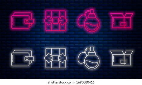 Ajuste la caja de regalo de línea, Perfume, Cartera y Cartón. Icono de neón brillante en la pared de ladrillo. Vector