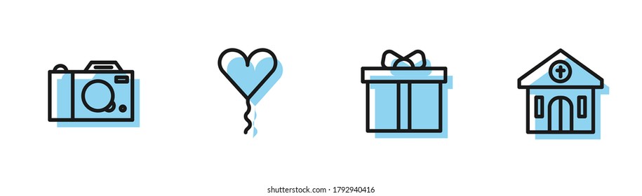 Set line Gift box, Photo camera, Balloon in form of heart and Church building icon. Vector
