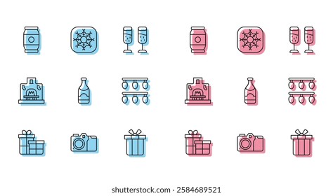 Set line Gift box, Photo camera, Beer can, Champagne bottle, Christmas lights, Interior fireplace and Snowflake icon. Vector