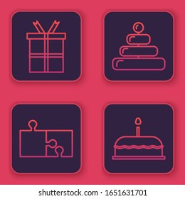 Set line Gift box, Piece of puzzle, Pyramid toy and Cake with burning candles. Blue square button. Vector