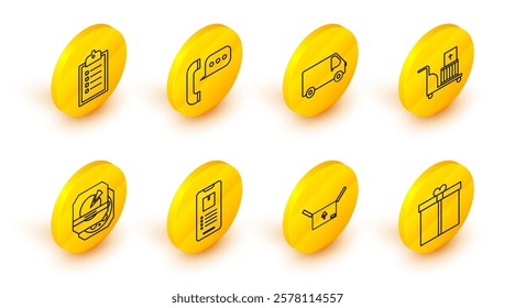 Set line Gift box, Pizza cardboard, Electric hand truck and boxes, Delivery cargo vehicle, Telephone speech bubble chat and Verification of list clipboard icon. Vector