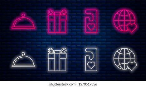Set line Gift box, Please do not disturb with heart, Covered with a tray of food and The heart world love. Glowing neon icon on brick wall. Vector