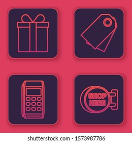 Set line Gift box, Pos terminal, Blank label template price tag and Signboard hanging with an inscription shop here. Blue square button. Vector