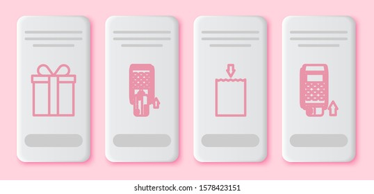 Set line Gift box, Pos terminal with inserted credit card, Paper shopping bag and Pos terminal with inserted credit card. White rectangle button. Vector