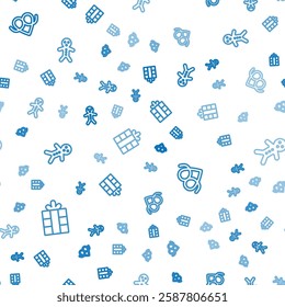 Set line Gift box, Pretzel and Holiday gingerbread man cookie on seamless pattern. Vector