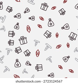 Set line Caja de regalo, regalo de bolso de Papá Noel, vela ardiente y Navidades de juguete en patrón transparente. Vector