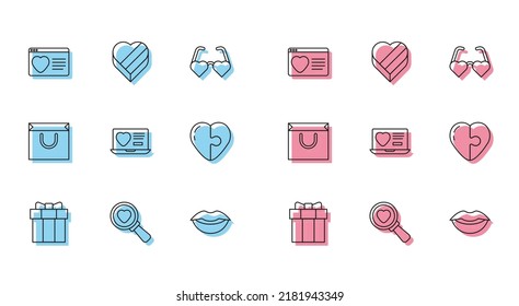 Fijar la línea de la caja de regalo, Buscar corazón y amor, Aplicación de citas en línea, Sonrientes labios, Corazón, Bolsa de compras e ícono en forma de Candy. Vector