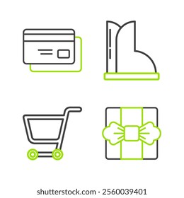 Set line Gift box, Shopping cart, Waterproof rubber boot and Credit card icon. Vector