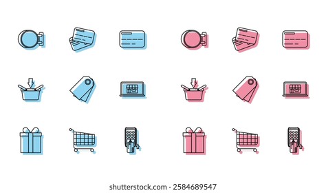 Set line Gift box, Shopping cart, Signboard hanging, Pos terminal with inserted credit card, Blank label template price tag, building on screen laptop, basket and Credit icon. Vector