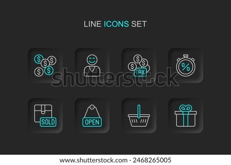 Set line Gift box, Shopping basket, Hanging sign with text Open, Sold, Stopwatch percent discount, Tax payment, Happy customer and Dollar symbol icon. Vector