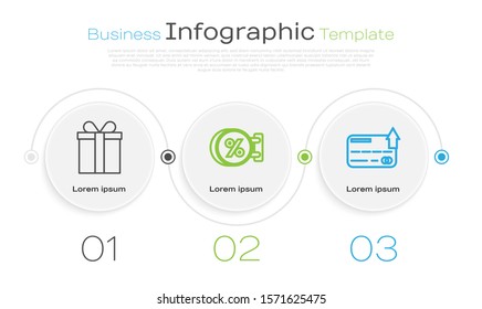 Set line Gift box, Signboard hanging with an inscription discount percent and Credit card. Business infographic template. Vector