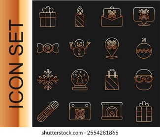 Set line Gift box, Ski goggles, Christmas ball, postcard, snowman, Candy,  and Snowflake icon. Vector