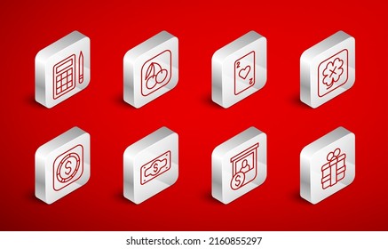 Set line Gift box, Slot machine with cherry, Playing card heart, Casino slot, chips exchange, Bingo, Stacks paper money cash and Coin dollar icon. Vector