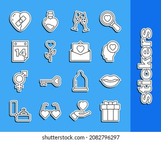 Set line Gift box, Smiling lips, Head with heart, Glass of champagne, Heart shape flower, Calendar February 14, Healed broken and Envelope Valentine icon. Vector