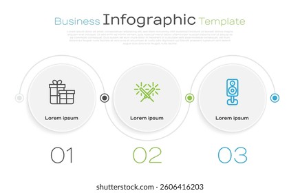Set line Gift box, Sparkler firework and Stereo speaker. Business infographic template. Vector