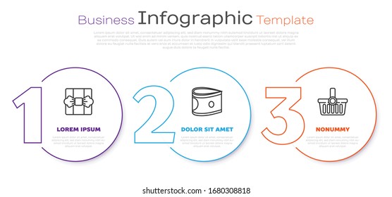 Set line Gift box, Stacks paper money cash and Shopping basket. Business infographic template. Vector