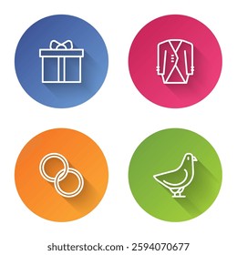 Set line Gift box, Suit, Wedding rings and Dove. Color circle button. Vector