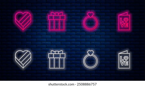 Set line Gift box, Wedding rings, Candy heart shaped and Valentines day party flyer. Glowing neon icon on brick wall. Vector