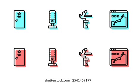 Set line Gimbal stabilizer for camera, Backstage, Microphone and Histogram graph photography icon. Vector