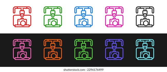 Set line Gimbal stabilizer with DSLR camera icon isolated on black and white background.  Vector