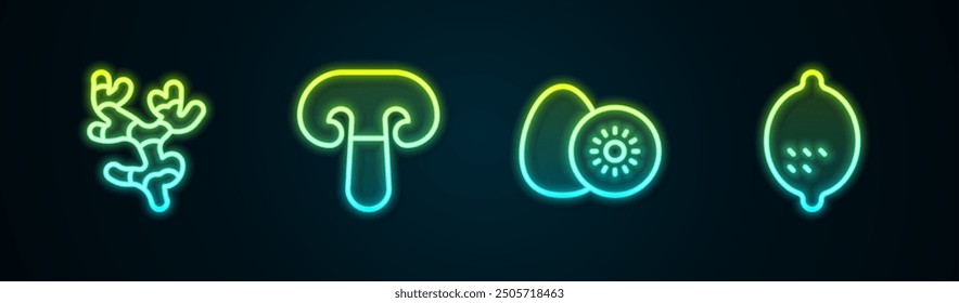 Set line Ginger root, Mushroom, Kiwi fruit and Lemon. Glowing neon icon. Vector