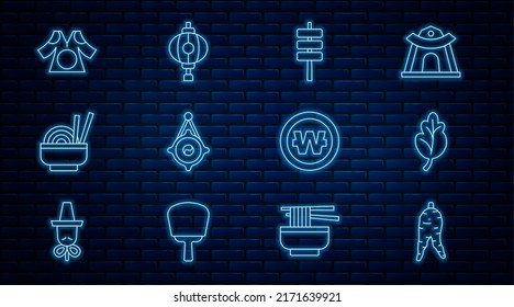 Set line Ginseng root, Kimchi, Korean food tokpokki, lantern, Asian noodles bowl, Kimono, South won coin and  icon. Vector