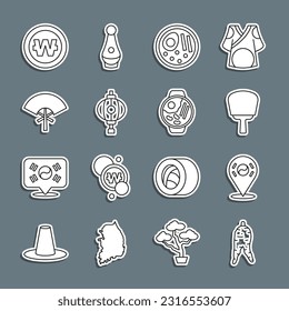 Línea Ginseng raíz, Ubicación Corea del Sur, fanático de la mano coreana, Ramen, farol, Tradicional, ganó moneda e icono. Vector