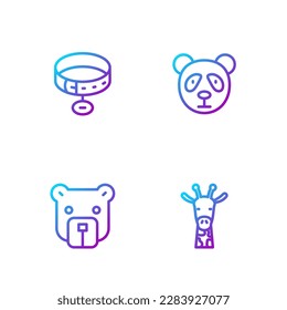 Set line Giraffe head, Bear, Collar with name tag and Cute panda face. Gradient color icons. Vector
