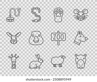 Set line Giraffe head, Hippo or Hippopotamus, Paw print, Rabbit, Collar with name tag, Goose bird, Sheep and Dog icon. Vector