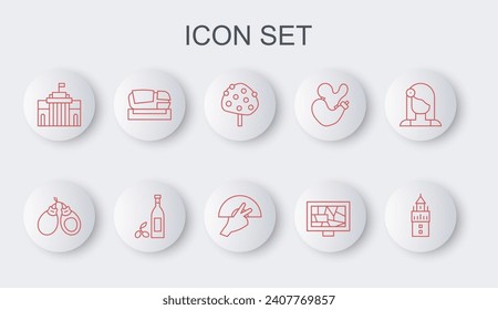 Set line Giralda, Castanets, Orange tree, Picture art, Prado museum, Stadium Mestalla, Bottle of olive oil and Fan flamenco icon. Vector