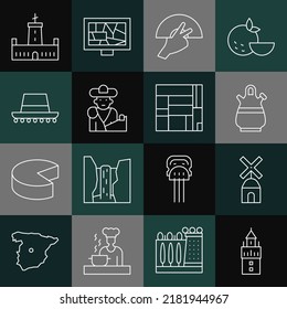 Set line Giralda, Windmill, Sangria pitcher, Fan flamenco, Bullfight, matador, Spanish hat, Montjuic castle and House Edificio Mirador icon. Vector