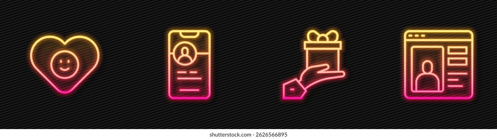 Set line Geschenk, Gute Beziehung, Dating App online und . Leuchtendes Neonsymbol. Vektorgrafik