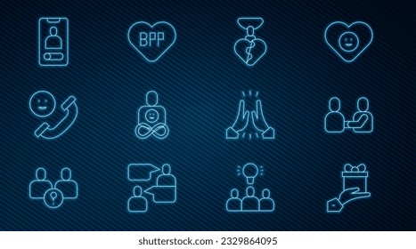 Set line Give gift, Happy friendship day, Necklace with heart shaped, Friends forever, Incoming call on mobile, Informal greeting and BFF best icon. Vector