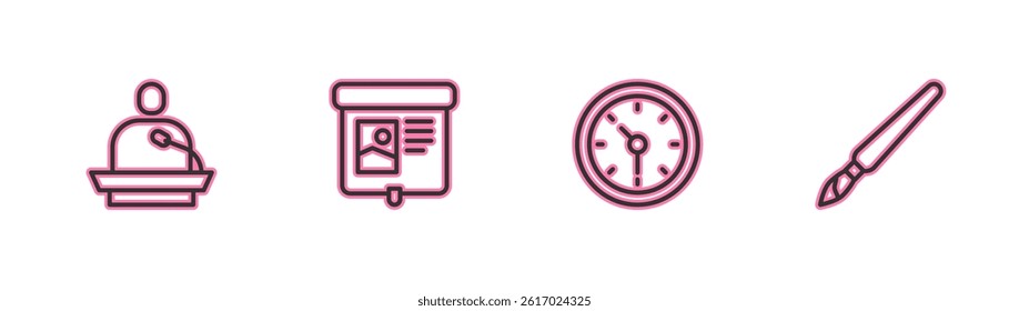 Set line Gives lecture, Clock, Projection screen and Paint brush icon. Vector