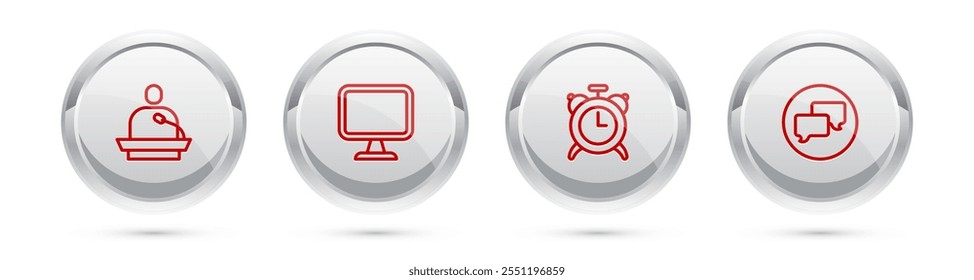 Set line Gives lecture, Computer monitor, Alarm clock and Speech bubble chat. Silver circle button. Vector