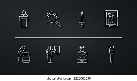 Set line Gives lecture, Feather and inkwell, Portrait museum, Ancient bust sculpture, Museum guide, Magnifying glass, Paint brush and Dagger icon. Vector