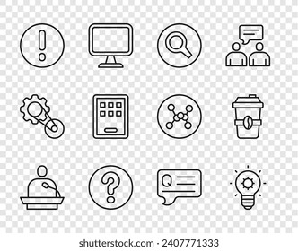 Set line Gives lecture, Light bulb, Magnifying glass, Speech bubbles with Question, and Exclamation, Graphic tablet,  and Coffee cup to go icon. Vector