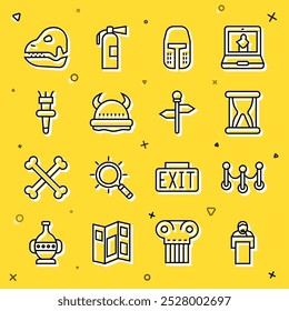 Set line Gives lecture, Rope barrier, Old hourglass with sand, Medieval iron helmet, Viking in horned, Torch flame, Dinosaur skull and Road traffic signpost icon. Vector