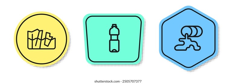 Set line Glacier melting, Bottle of water and Barrel oil leak. Colored shapes. Vector