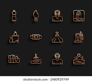 Set line Glacier melting, Wind turbine, Bottle of water, Face protective mask, Drought, Medical, Petrol or gas station and Volcano eruption with lava icon. Vector