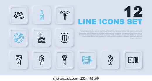 Set line Glass of beer, Accordion, Lederhosen, Wooden barrel rack, Dried fish, Beer bottle and Bottle opener icon. Vector