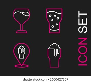 Set line Glass of beer, Alcohol or bar location,  and Wine glass icon. Vector