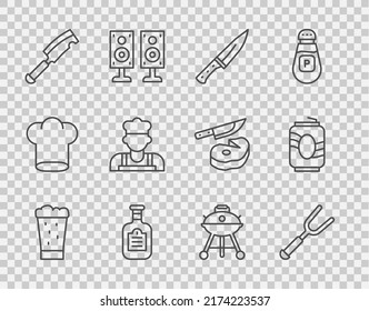 Set line Glass of beer, Barbecue fork, Meat chopper, Sauce bottle, Cook, grill and Soda can icon. Vector