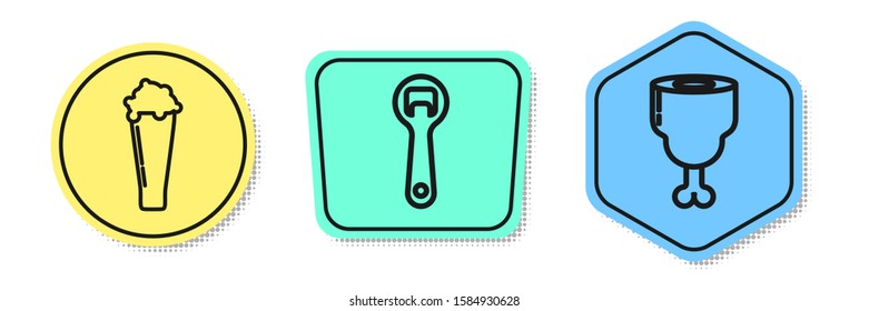 Set line Glass of beer, Bottle opener and Chicken leg. Colored shapes. Vector